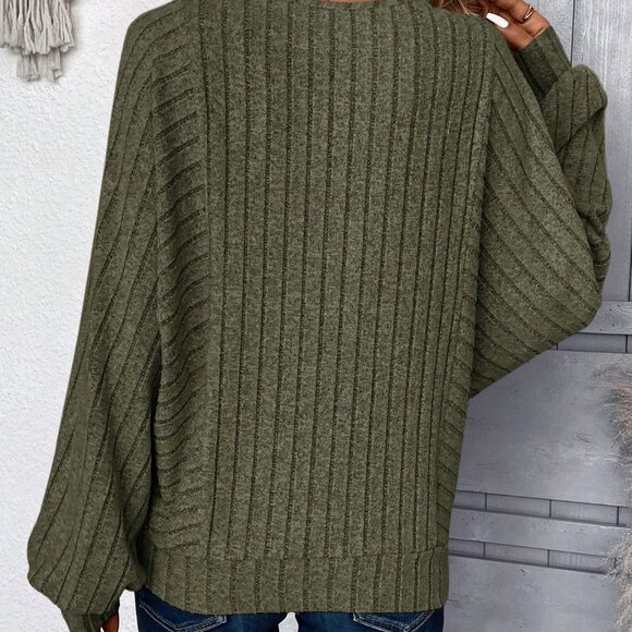 Green Casual Women's Apricot Loose Rib Knit Long Sleeve Sweatshirt - Picture 3 of 5